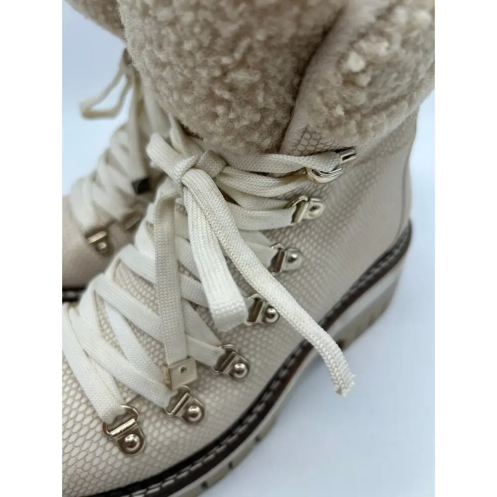 JLO Cream Faux Fur Snake Embossed Lace Up Hiker Boots SIZE 6 Winter Snow Outdoor